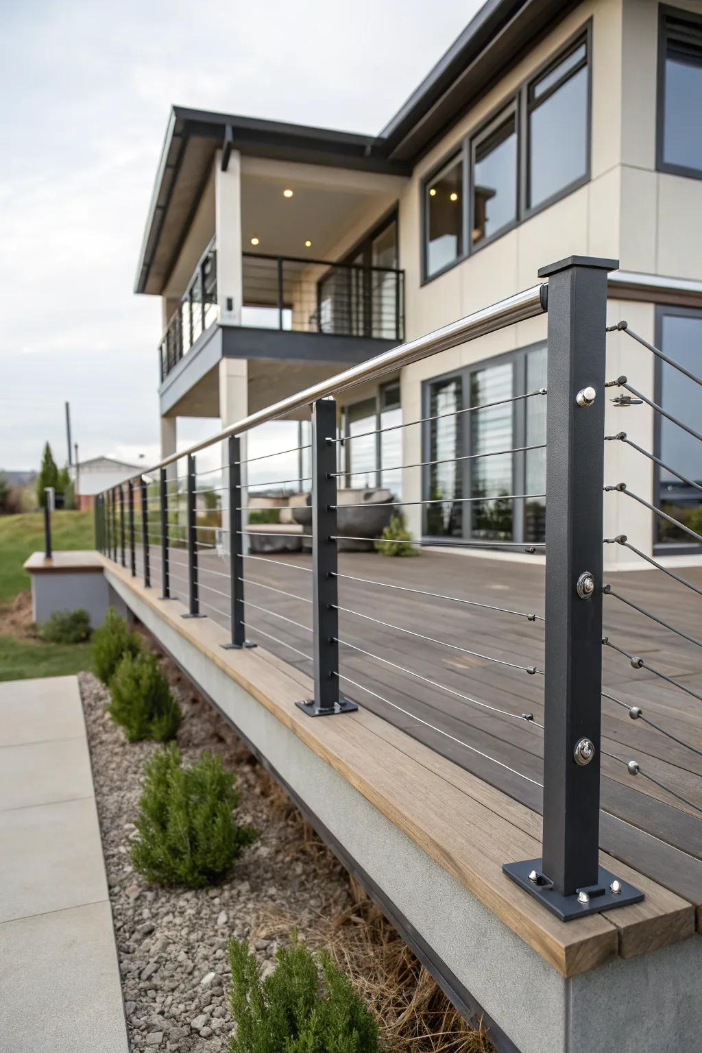 Achieve a sleek look with a combination of rebar and cable railings.