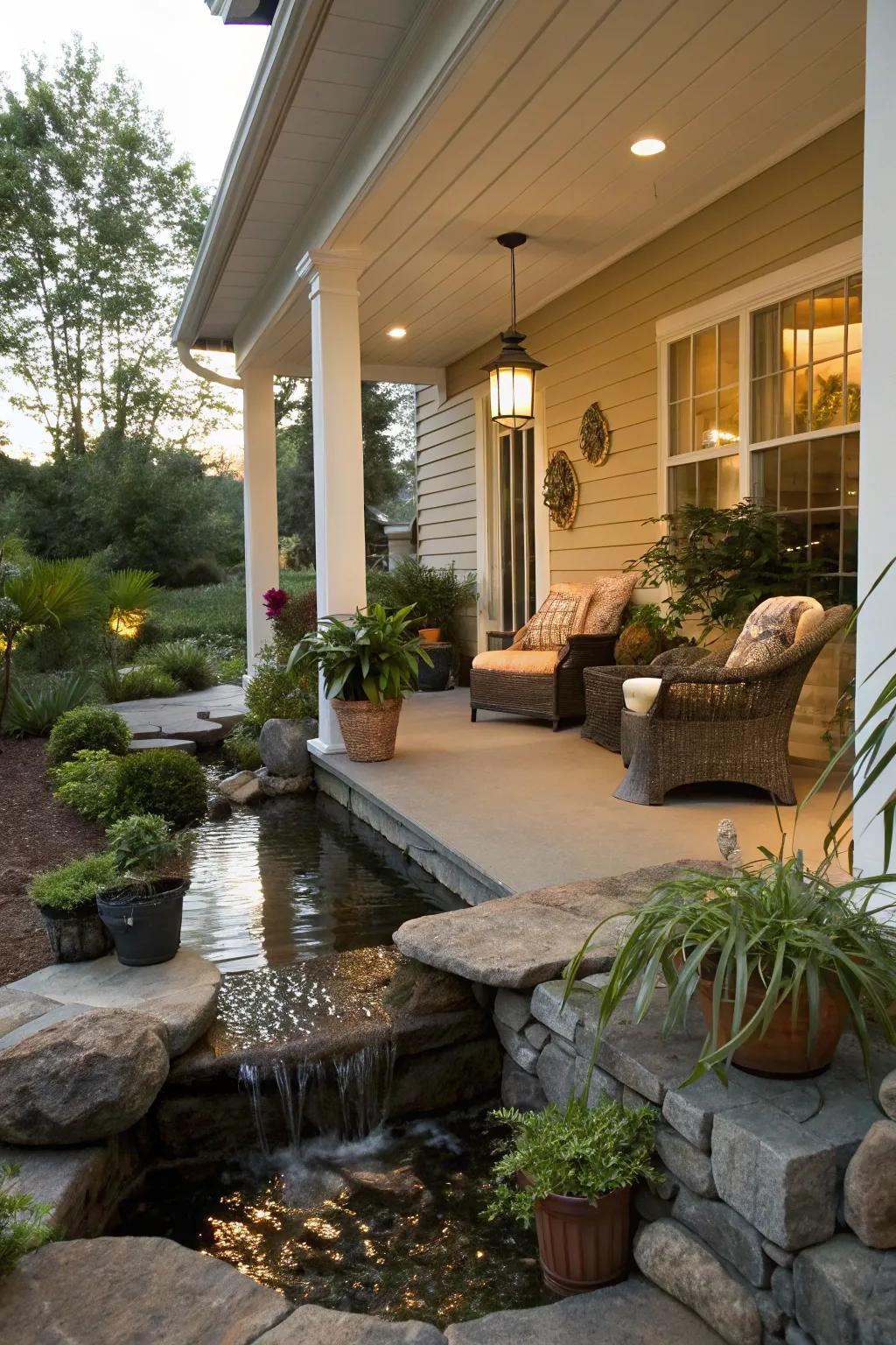 Porch with a small water feature creating a calming ambiance.