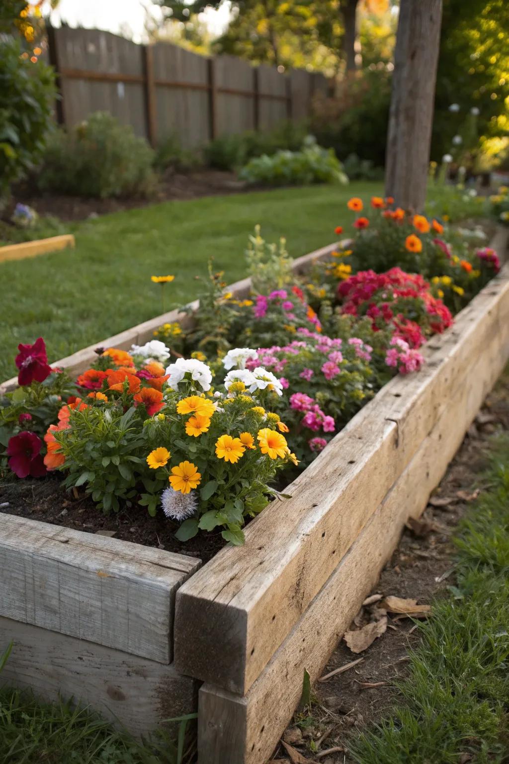 A rustic rectangular flower bed edged with wooden beams for natural charm.