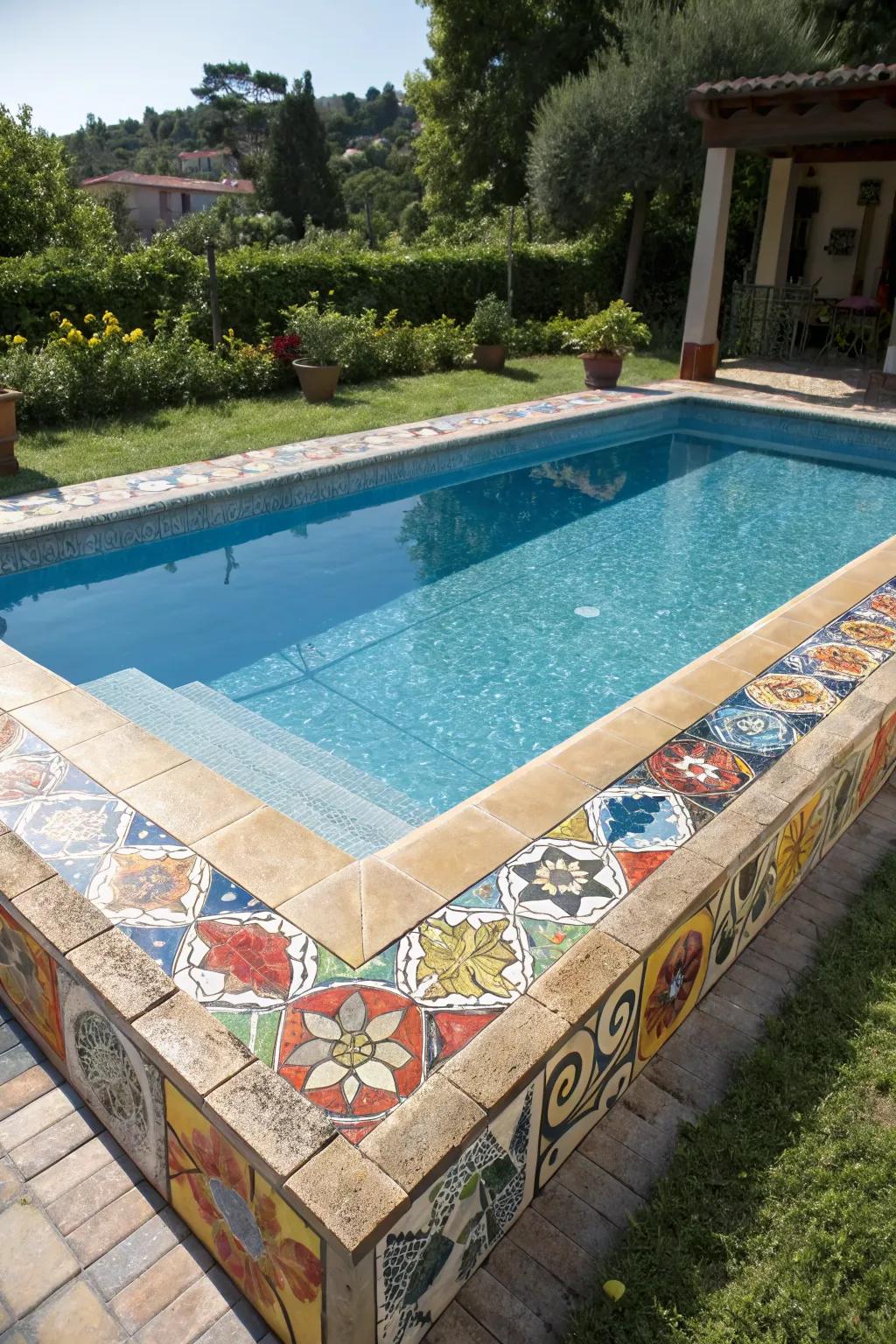 Add personality to your pool with artistic tile designs.