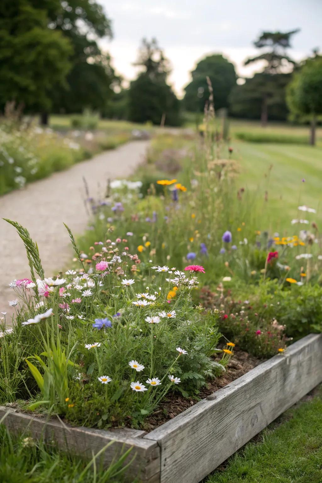 A charming miniature meadow in a rectangular bed setting.