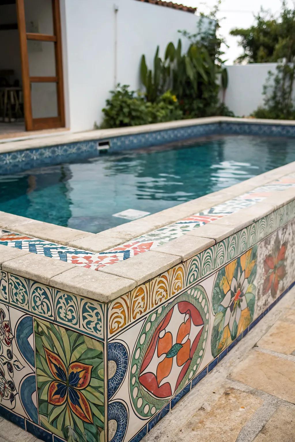 A rectangular pool enhanced by artistic and colorful tile work