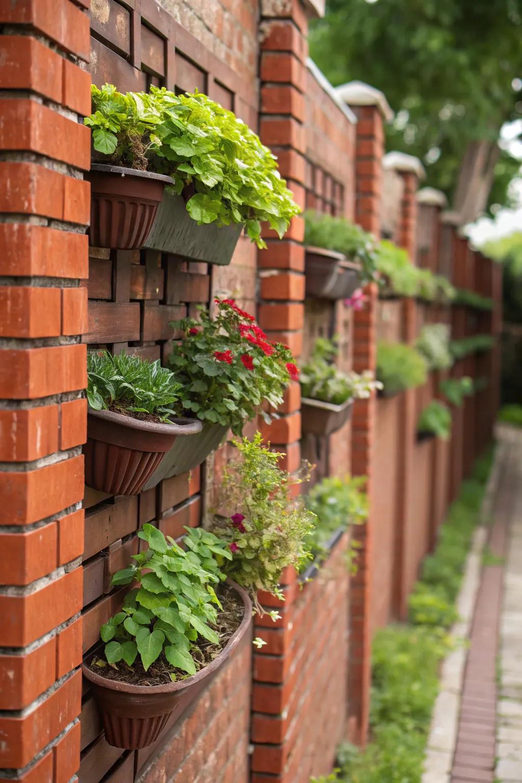 A vibrant vertical garden on a red brick wall.