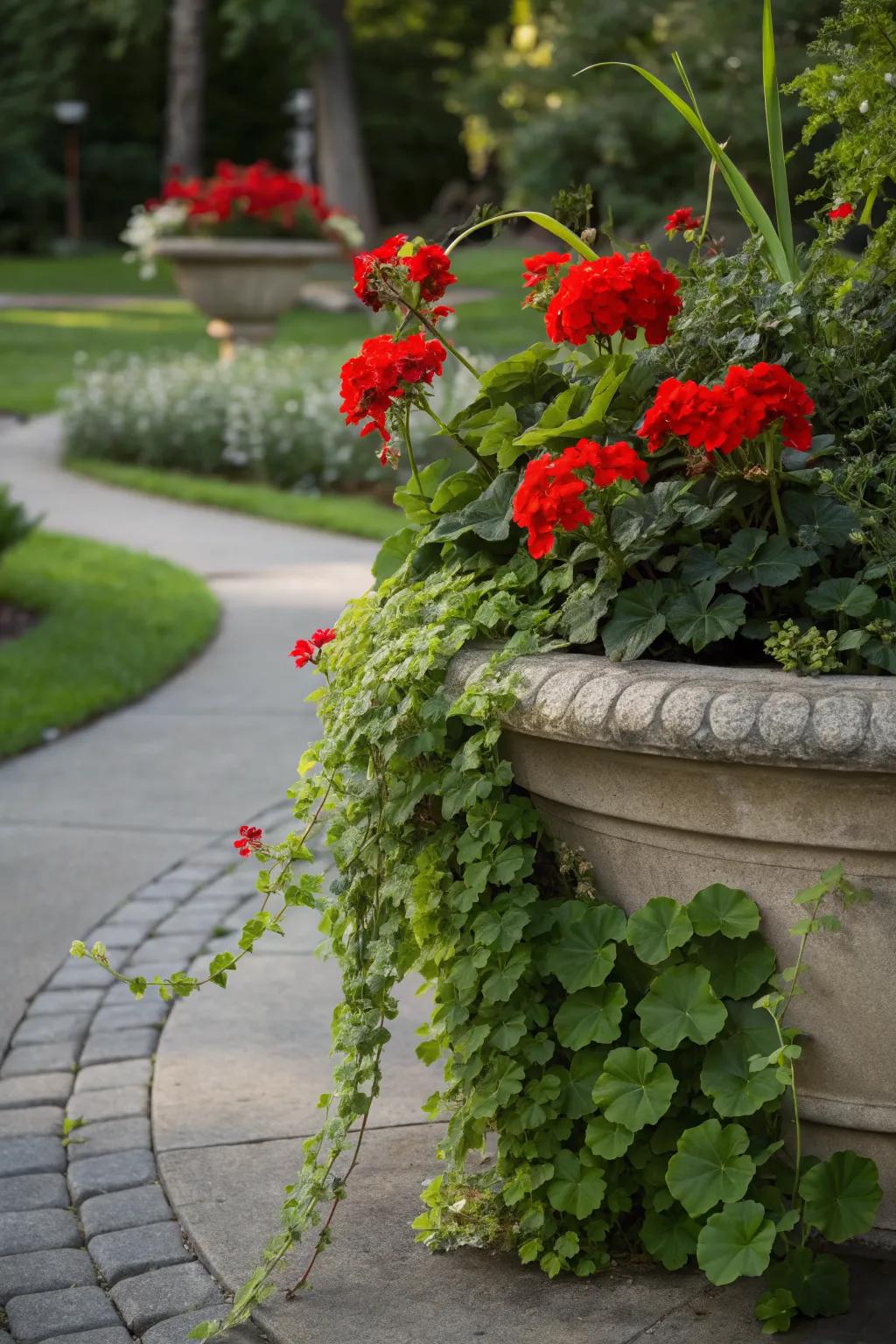 Graceful vinca vine adds elegance to vibrant red geraniums.