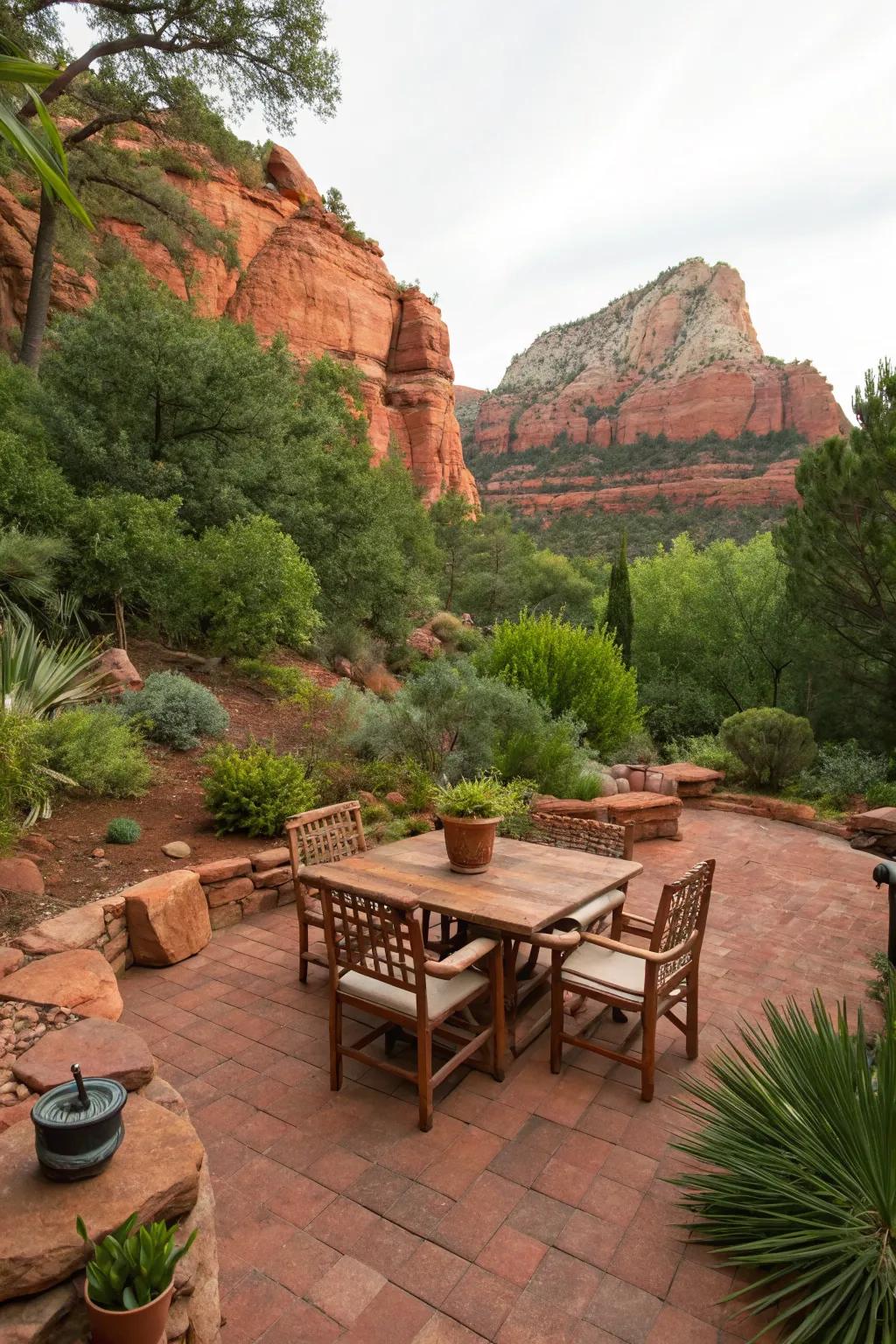 A red rock patio provides a charming space for outdoor relaxation.