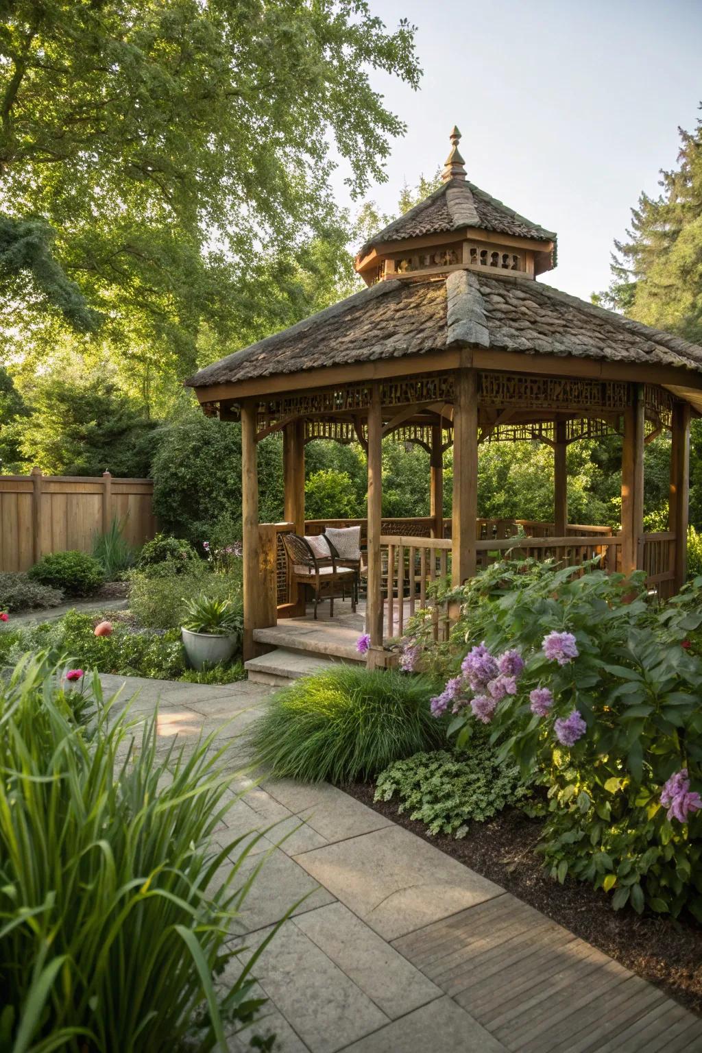 A Zen gazebo provides a tranquil space for meditation and relaxation.