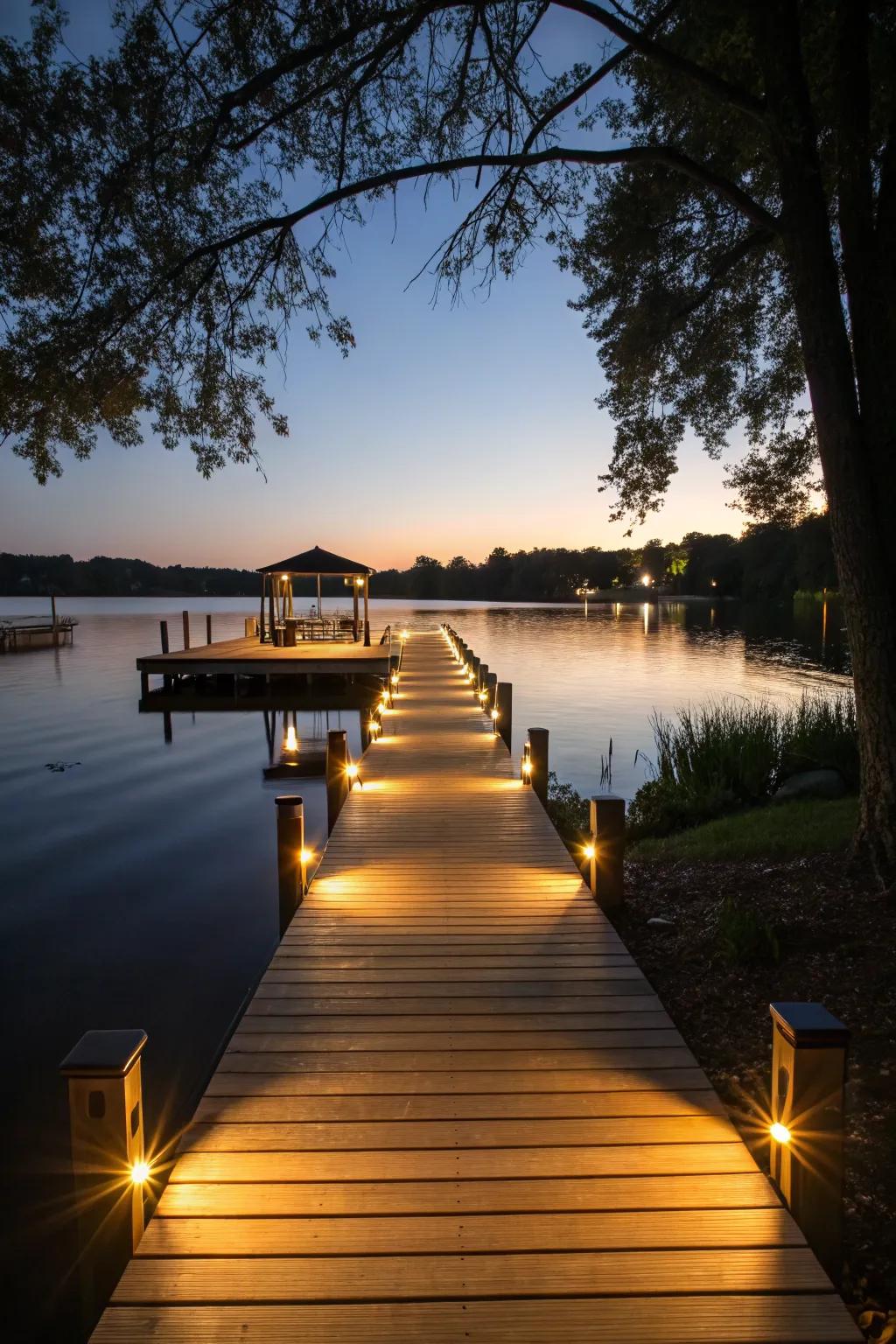 A residential lake dock beautifully lit by solar lights, enhancing nighttime safety and ambiance.
