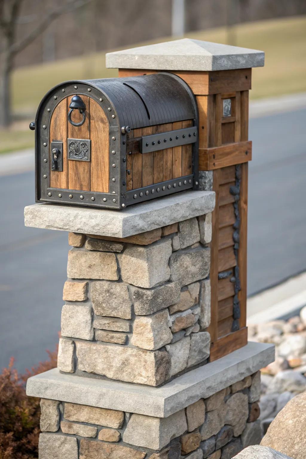 Mixed materials create a modern look for this stone mailbox.