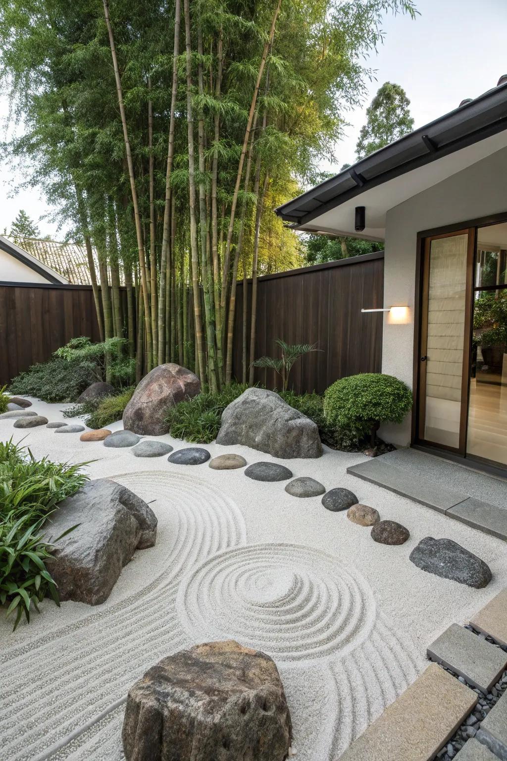 A Zen garden offers a peaceful escape.