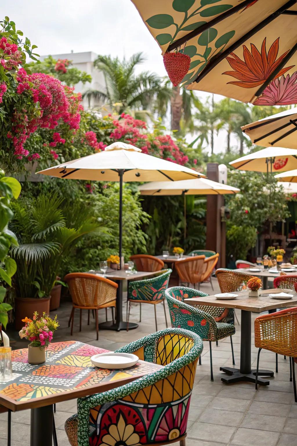 Tropical elements create a sunny and inviting outdoor dining atmosphere.