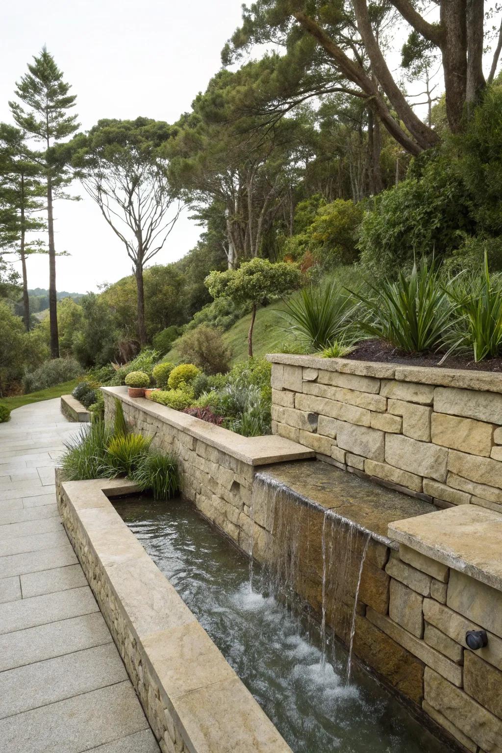 Enhance tranquility with a water feature in your retaining wall.