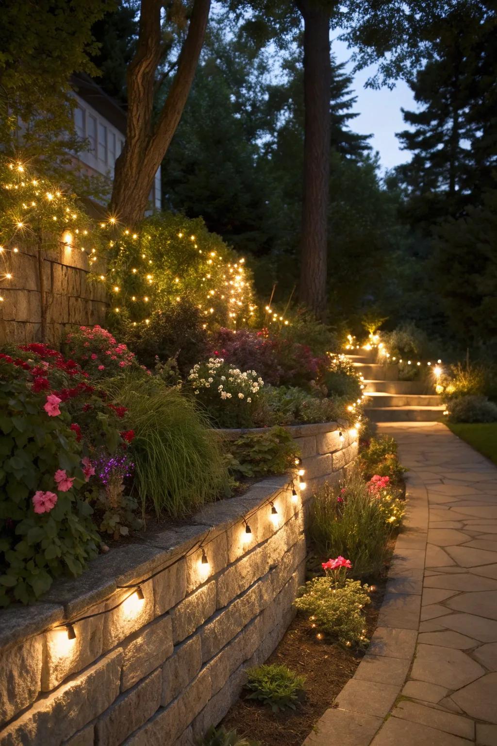 A retaining wall illuminated with fairy lights, creating a magical ambiance.