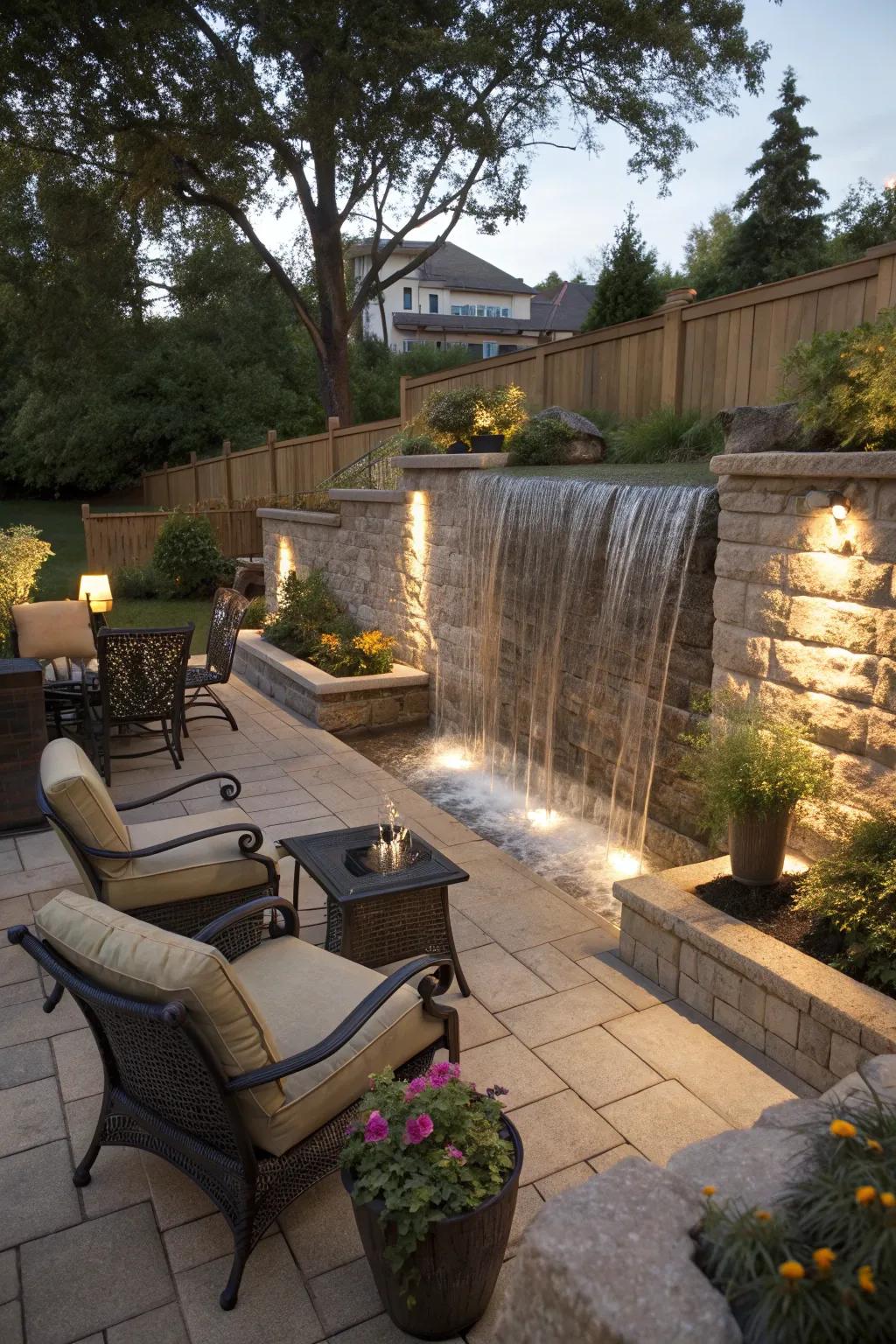 A seating area invites you to enjoy the waterfall's beauty.