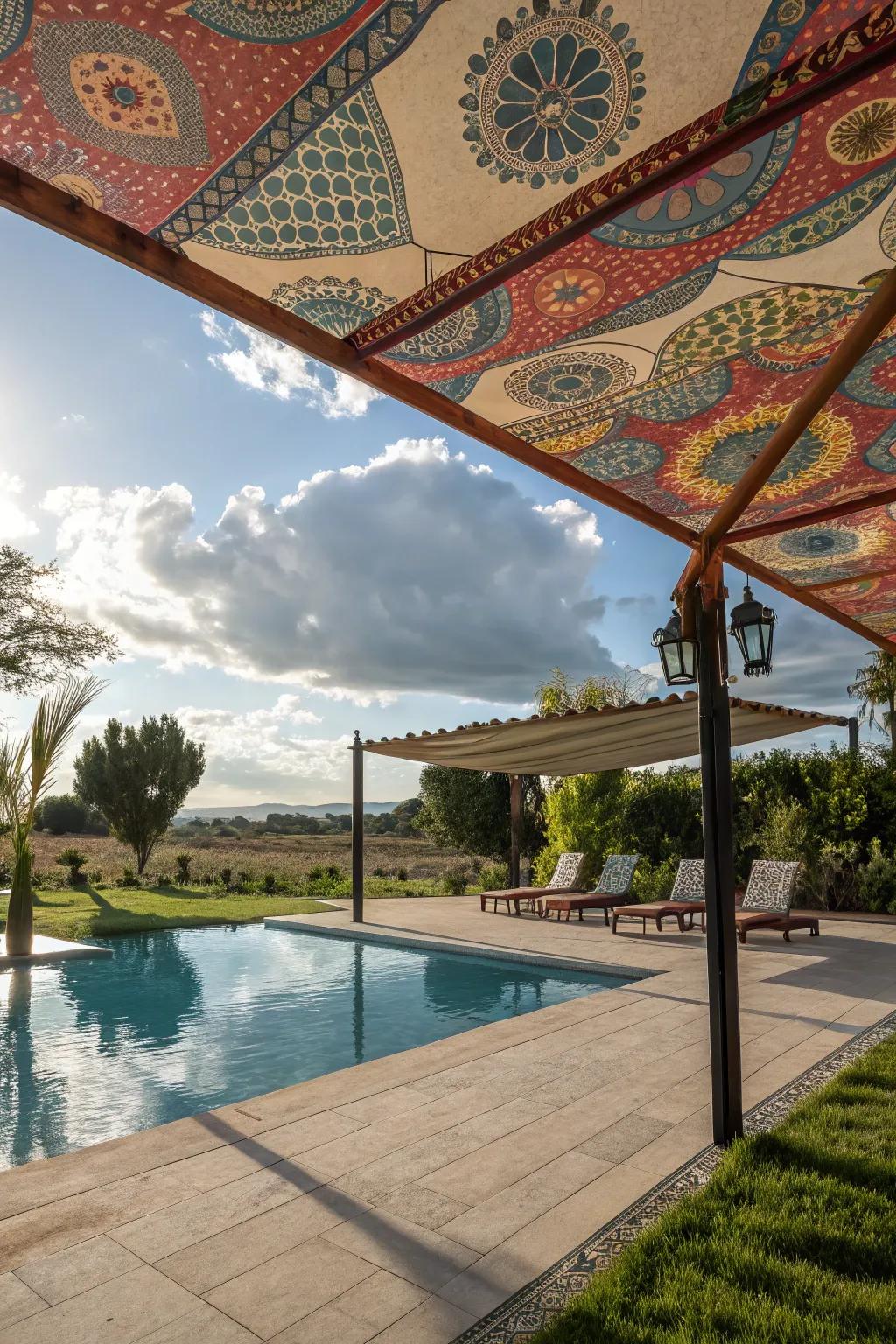 An artistic canopy adding a personal touch to the pool area.
