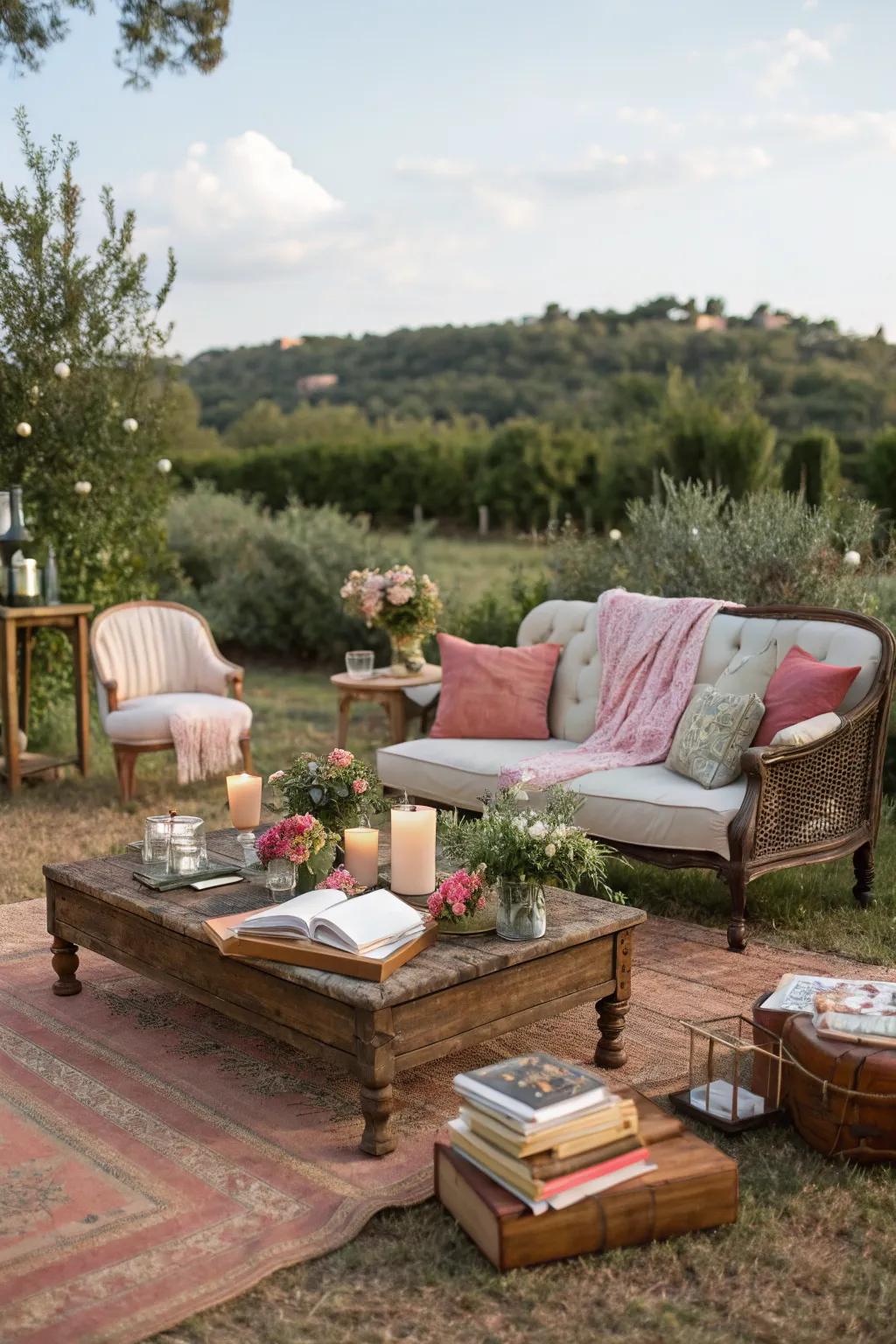 Casual conversation area with low coffee tables.