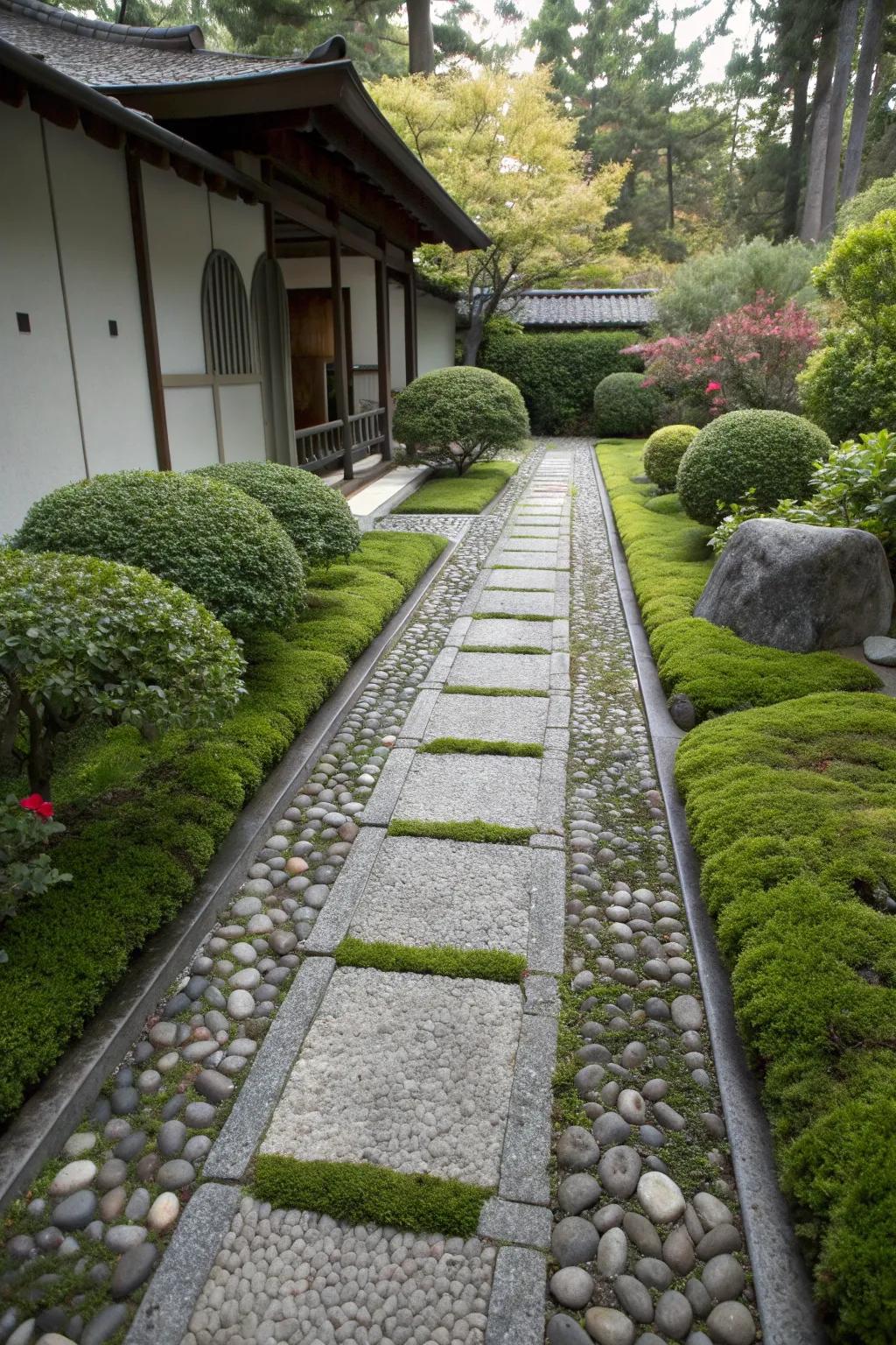 A tranquil Zen-inspired ribbon driveway with pebble strips and a moss-covered center.