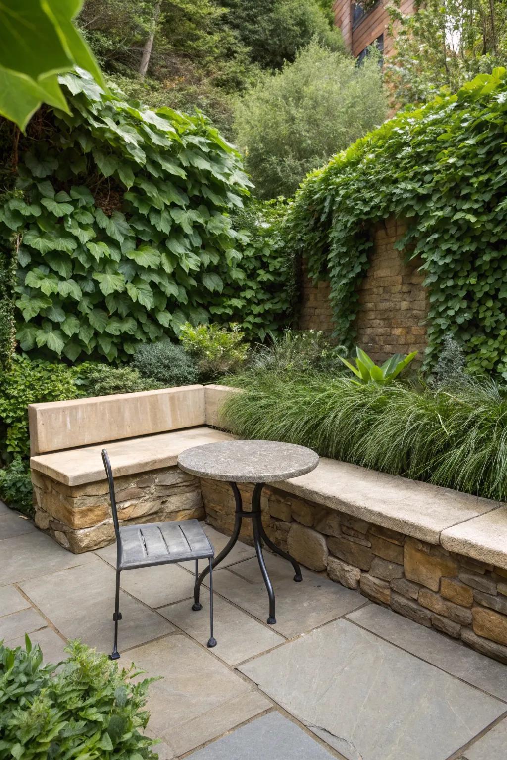 Rustic seating area using riprap stones, perfect for garden relaxation.