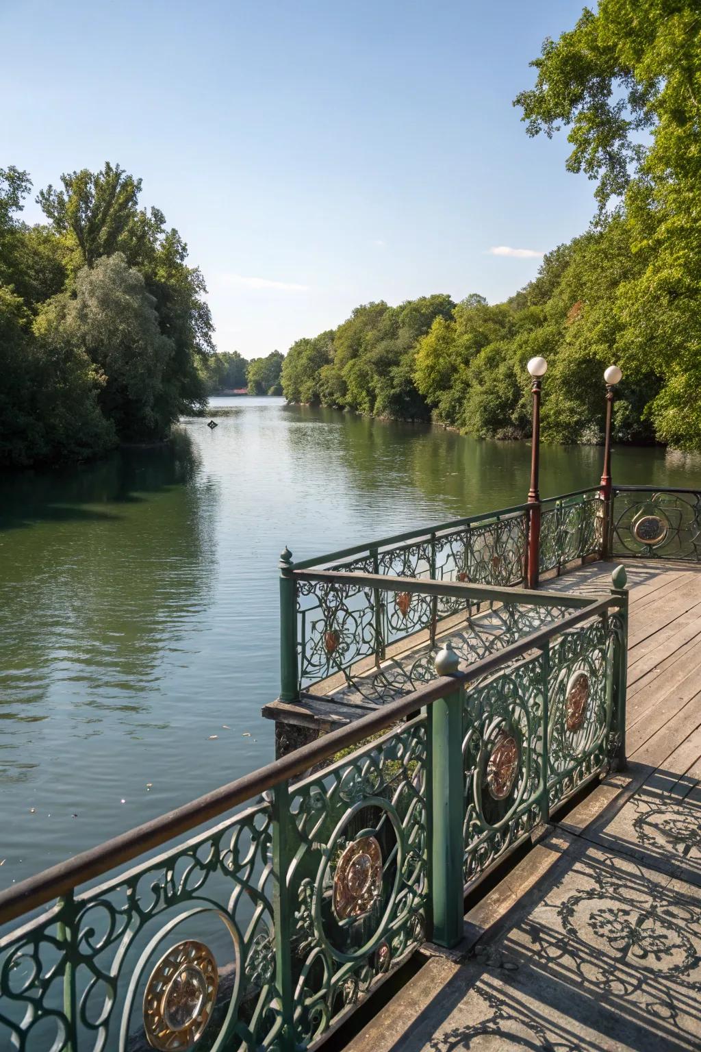 Unique railings adding character and style to a river dock.