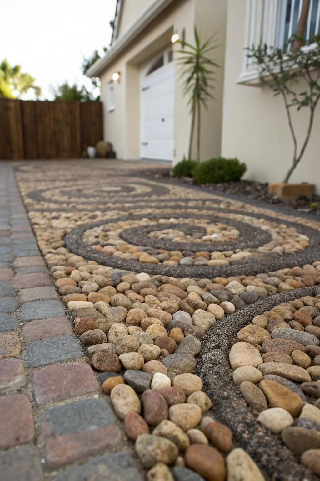 Layered pebbles and river rocks for a textured driveway border.