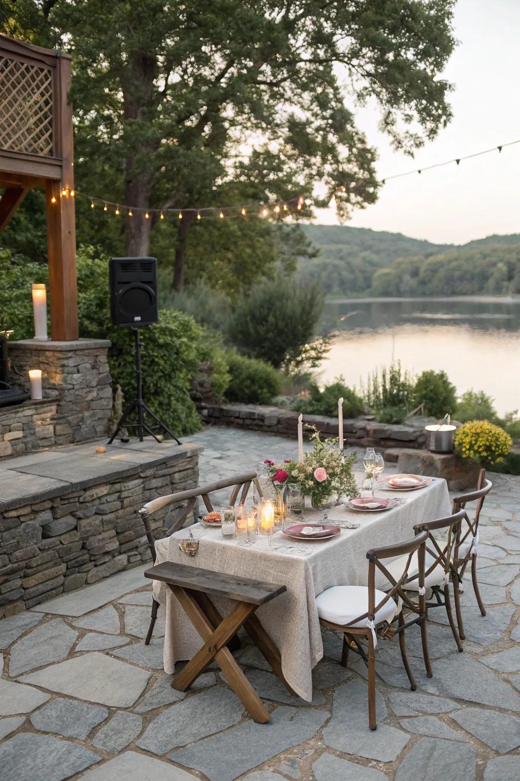 Dine outdoors in style with a river rock patio setting.