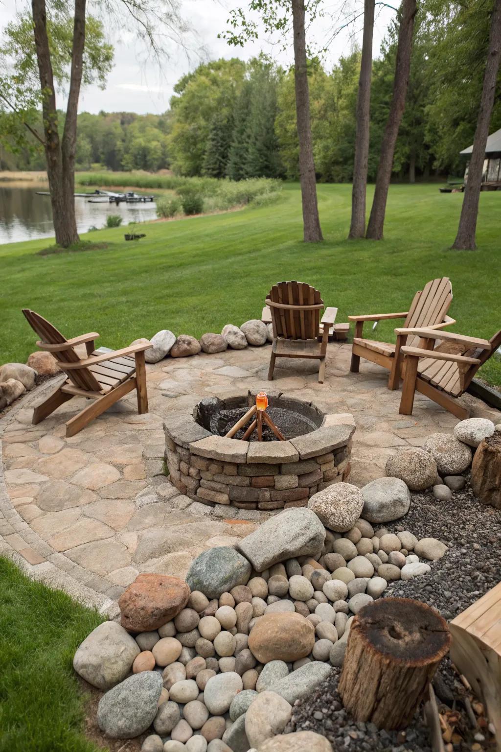 River rocks create a safe and stylish fire pit border.