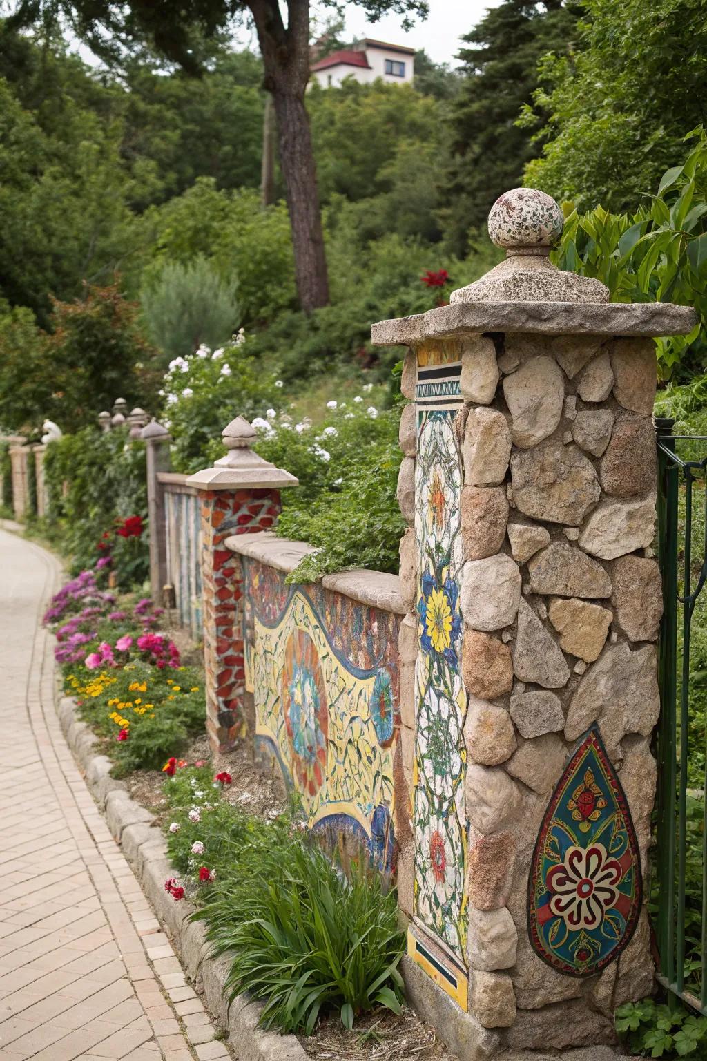 An artistic rock mosaic fence that adds a unique flair to the garden.
