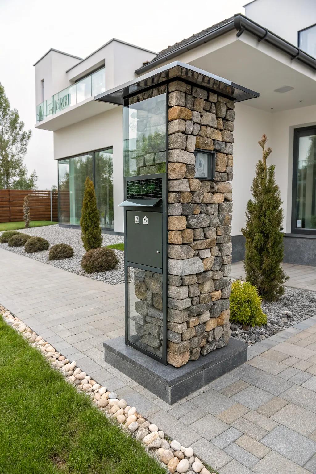 A stone and glass fusion mailbox that stands out with its modern and artistic flair.