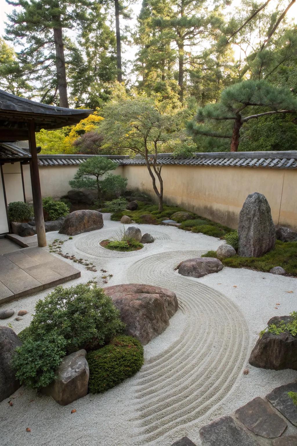 Zen gardens with rock walls offer serenity and calm.