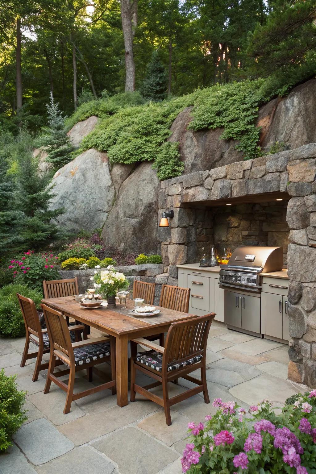 A garden kitchen area within rock walls enhances outdoor living.