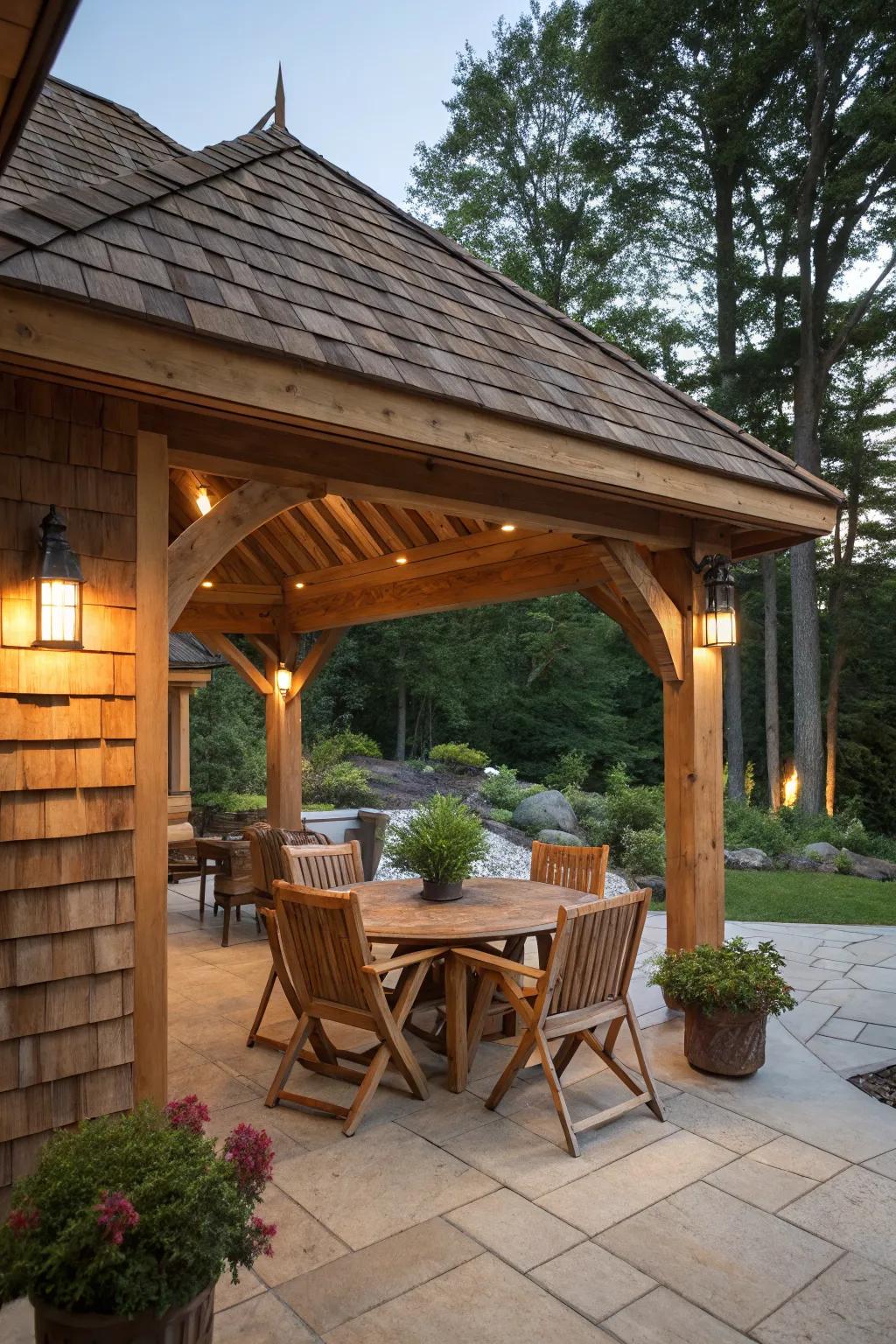 Cedar shingle roofs provide warmth and a rustic charm.
