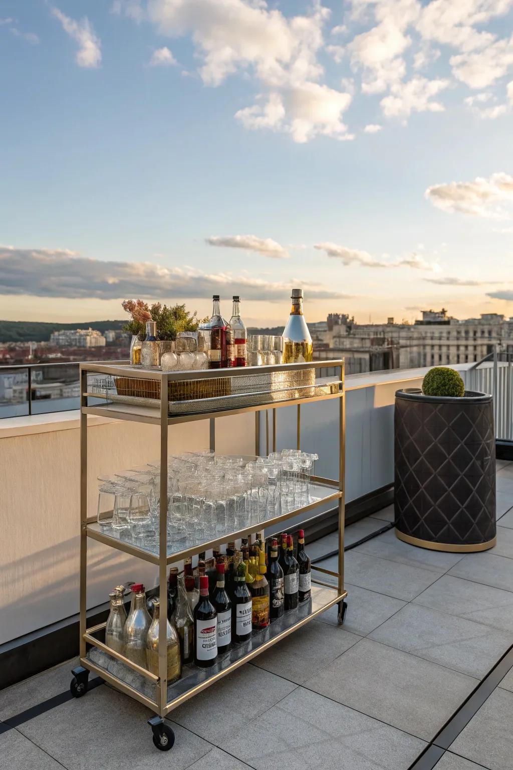 A bar cart adds convenience and style to rooftop gatherings.