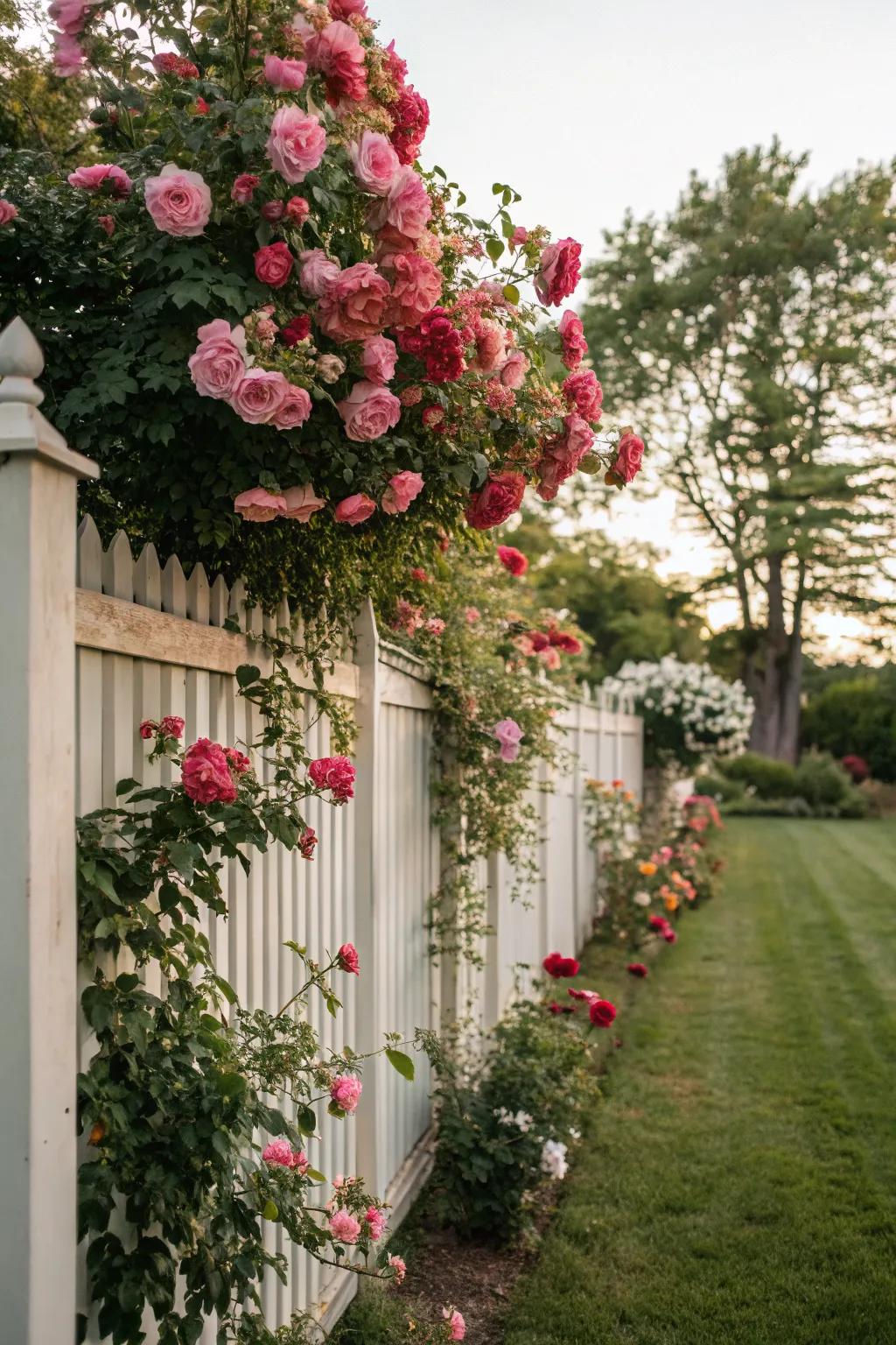 Roses transform a plain fence into a delightful garden feature.