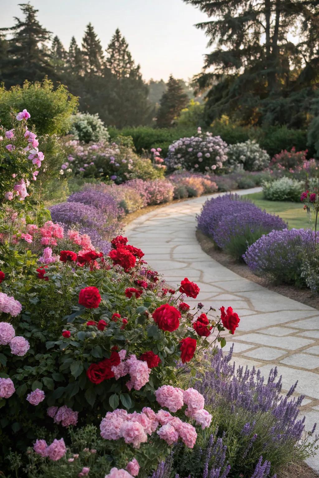 Roses and lavender creating a fragrant partnership.