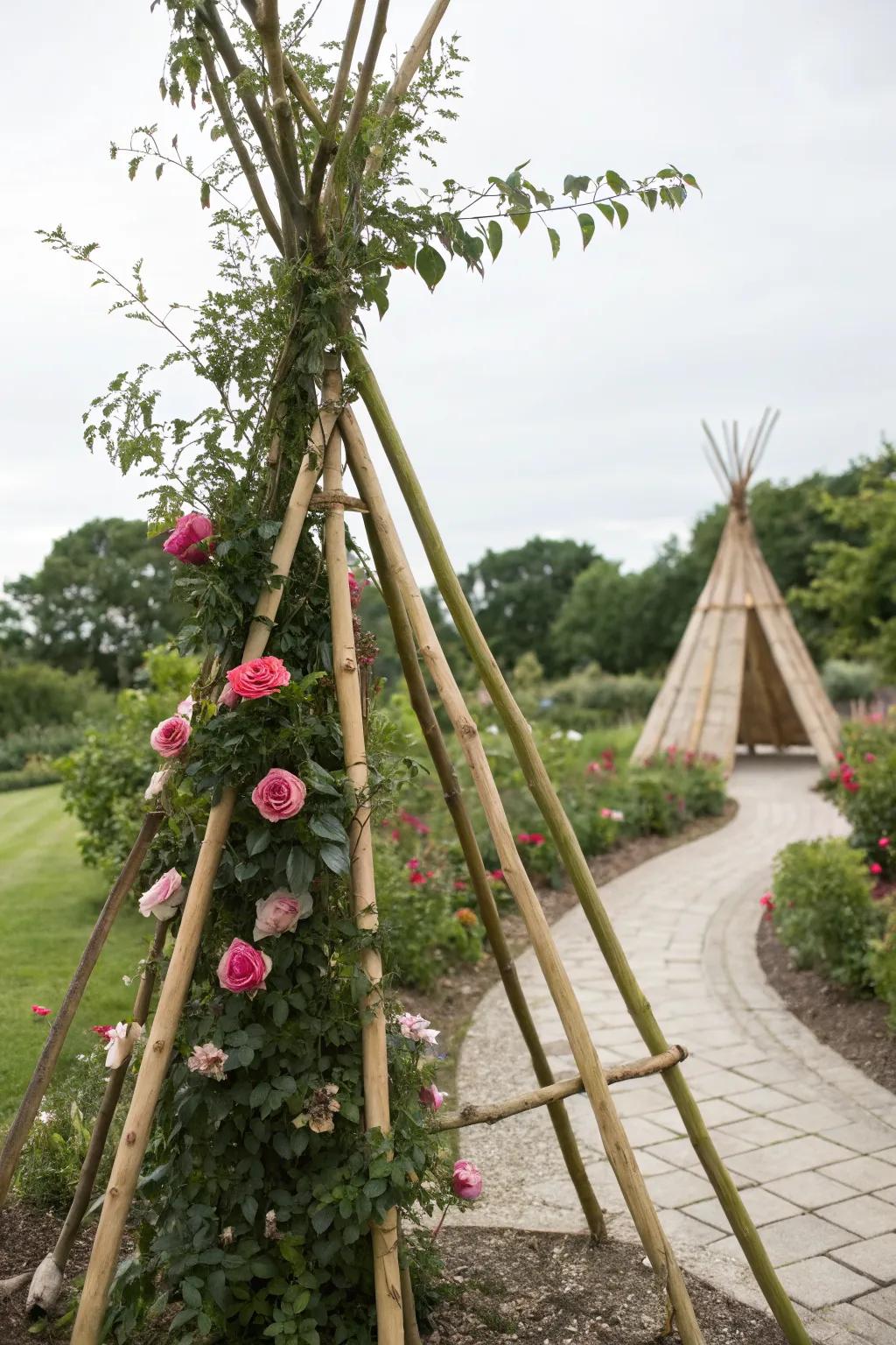 Zen-like bamboo teepees supporting elegant roses.