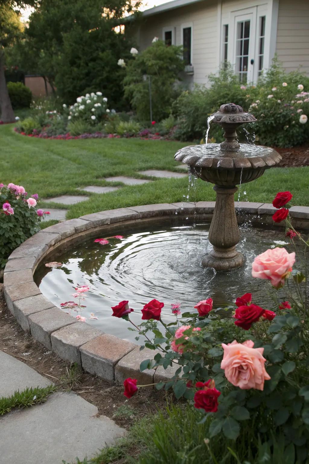 A tranquil garden oasis with roses around a water feature.