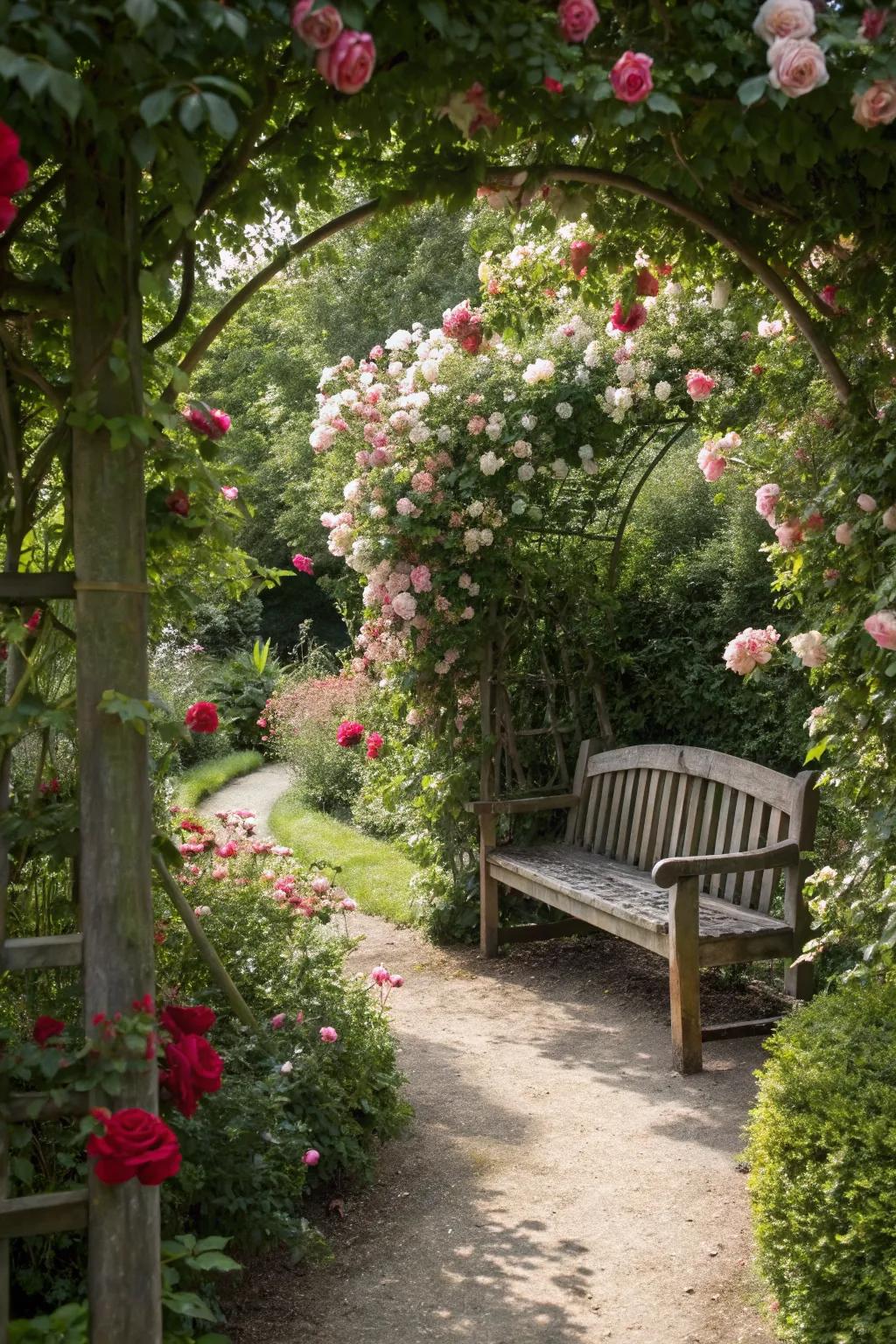 Secret rose nooks provide a secluded escape filled with beauty.