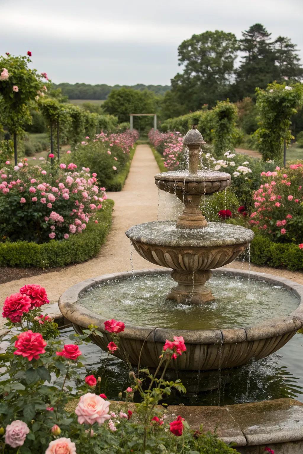 A tranquil water feature enhanced by surrounding roses.