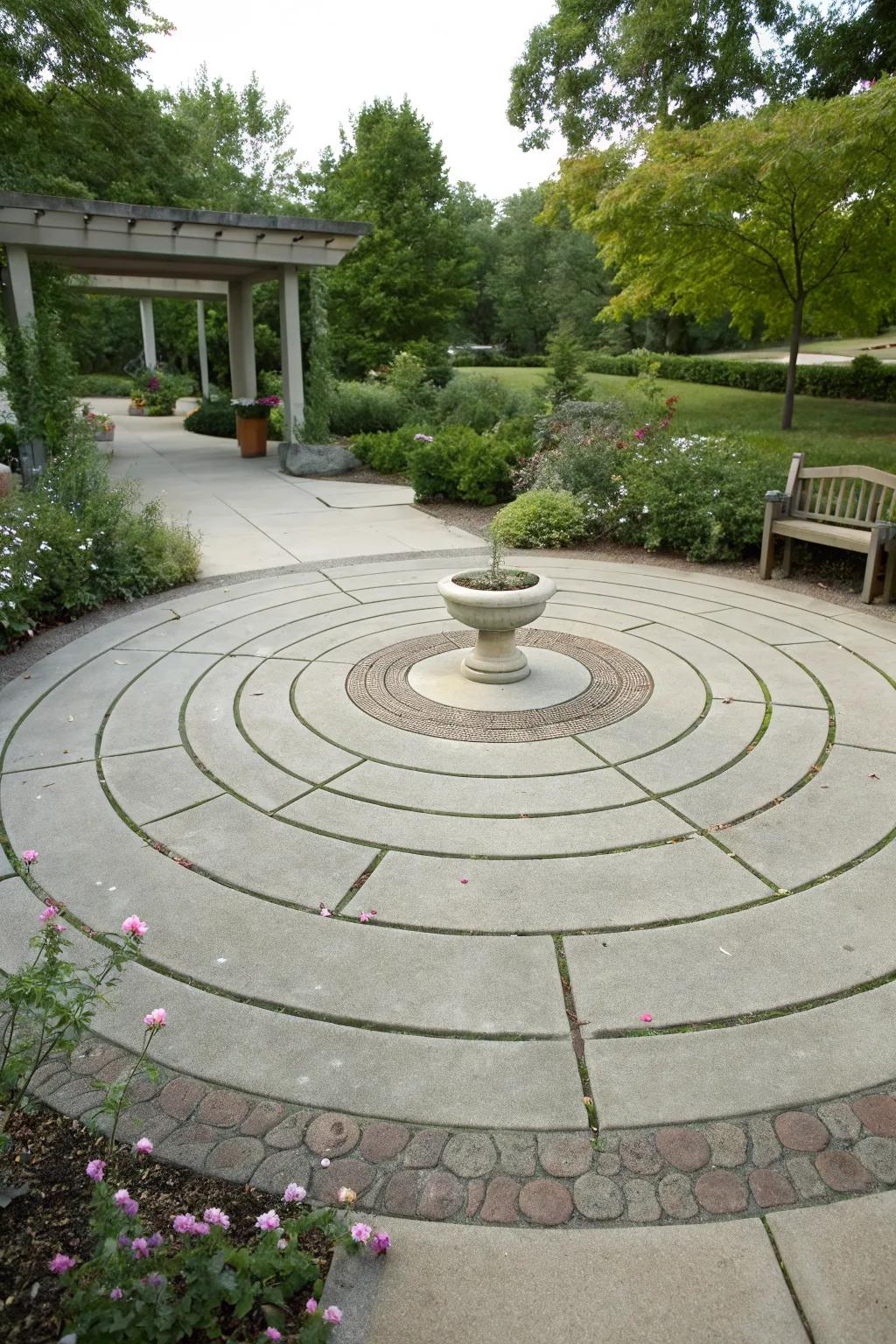 Concentric circles create an eye-catching and stylish patio design.