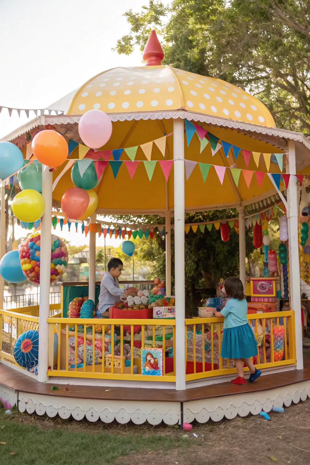 A round gazebo transformed into a playful and fun children's playhouse.