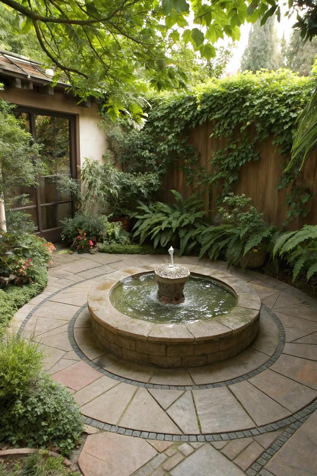 A round patio featuring a central water feature, enhancing tranquility.