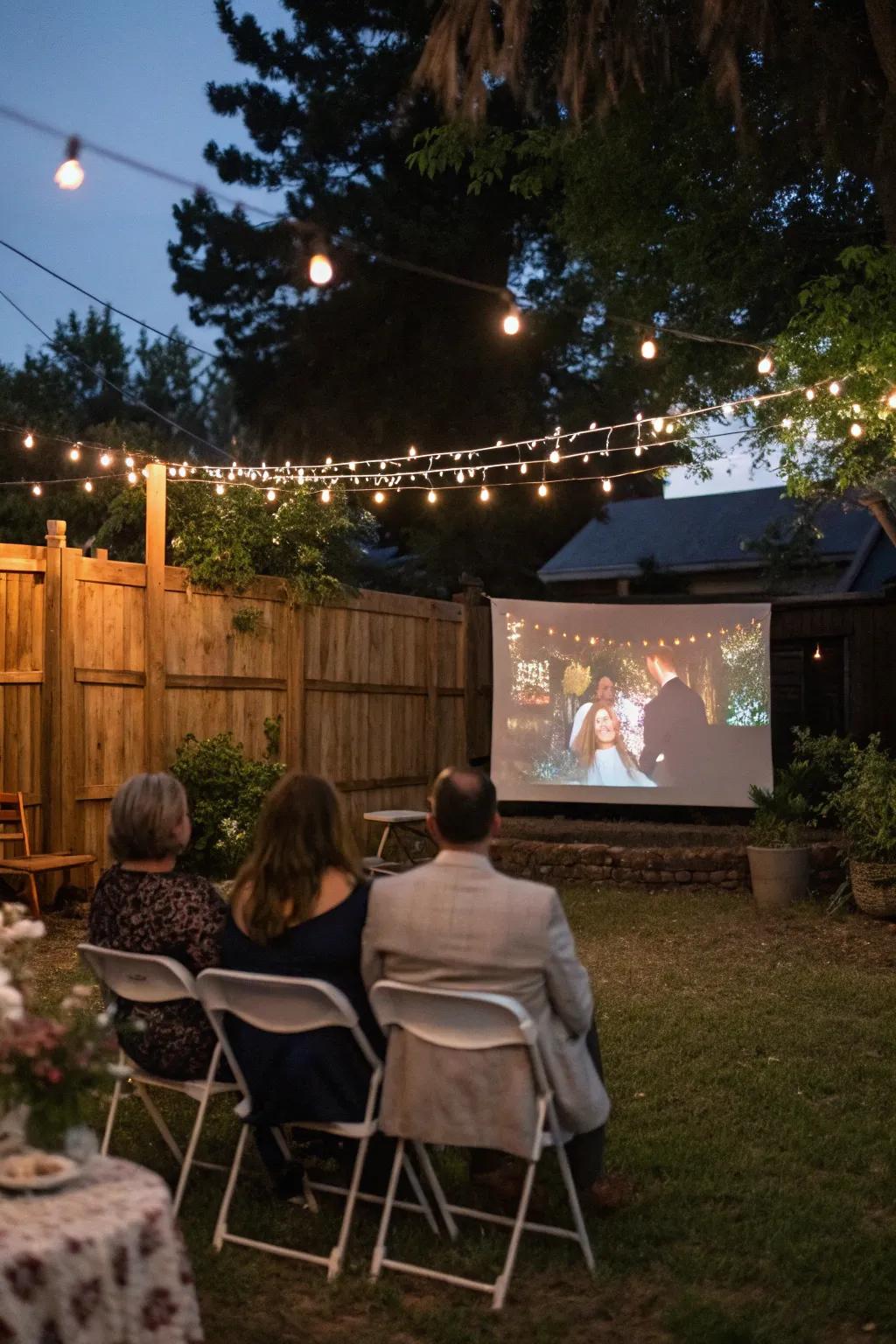 An enchanting outdoor movie night at a rustic backyard wedding.