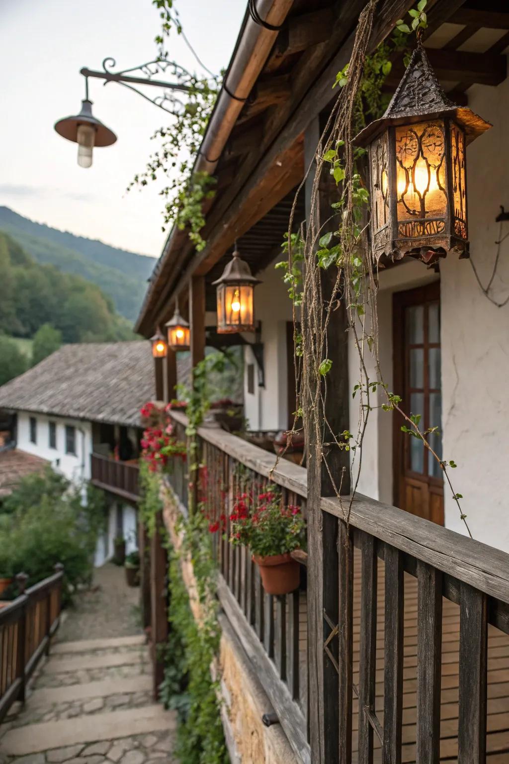 A rustic balcony illuminated by decorative lanterns for a warm glow.