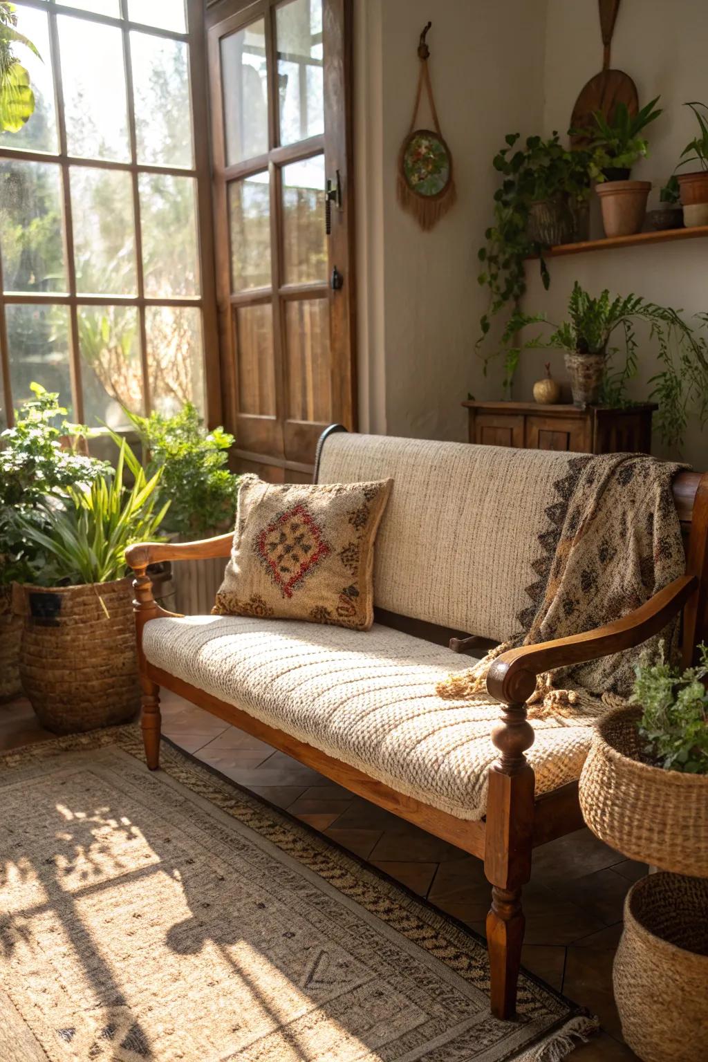 Combine comfort and elegance with an upholstered rustic bench.