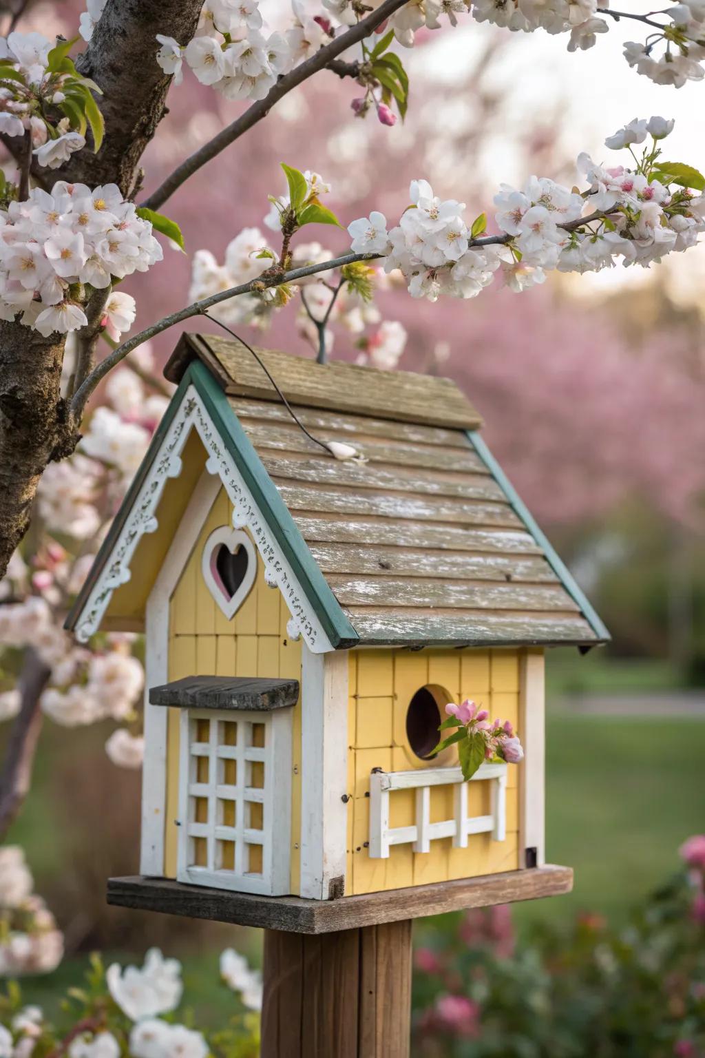 An elegant birdhouse with a classic gabled roof.