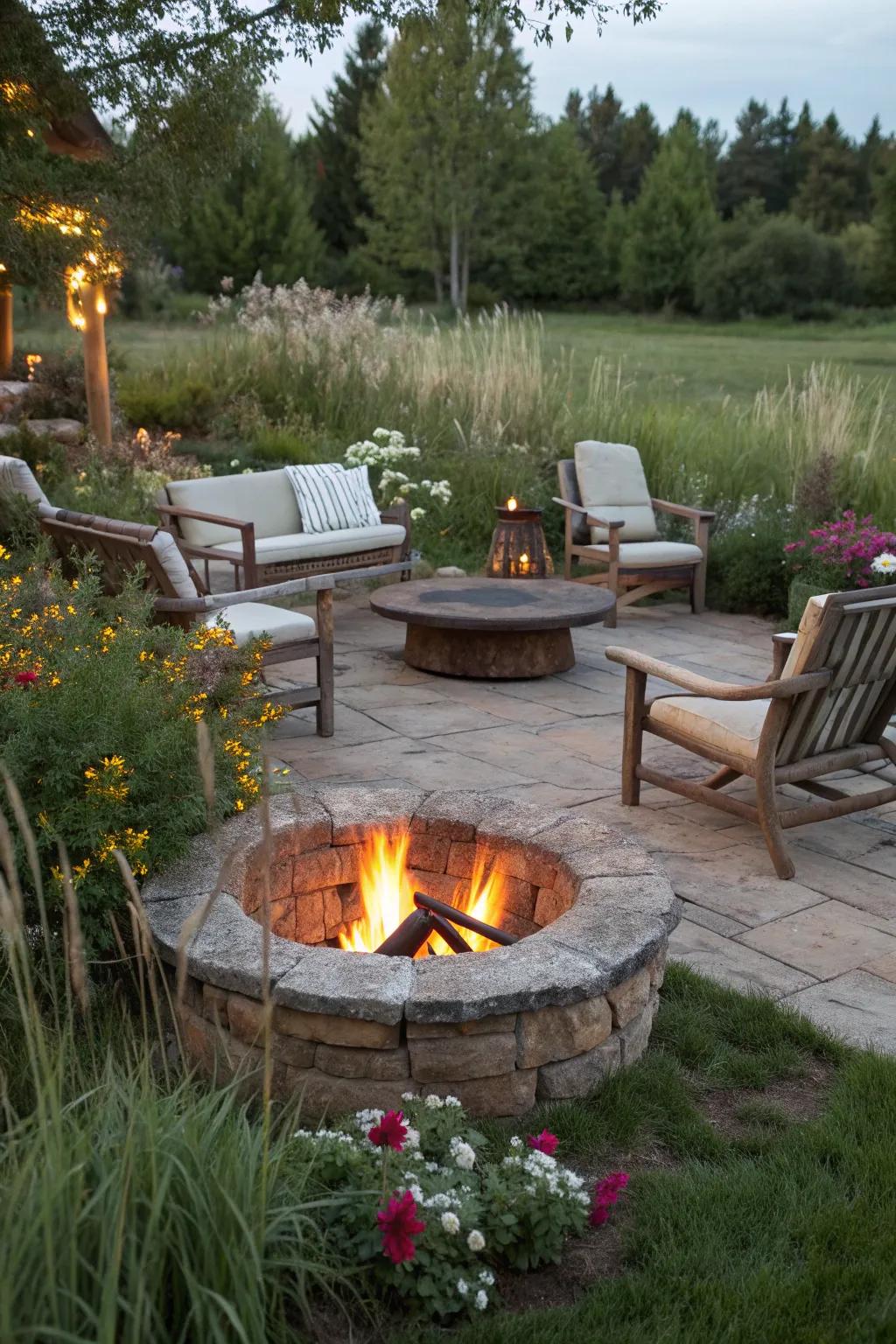 Outdoor fire pit in a rustic garden
