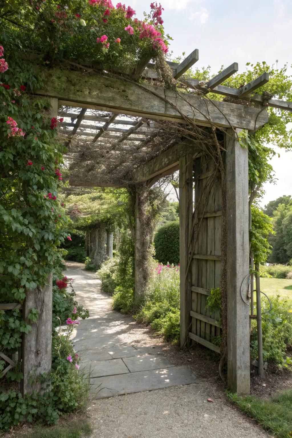 A rustic pergola creates an enchanting entrance to this garden.