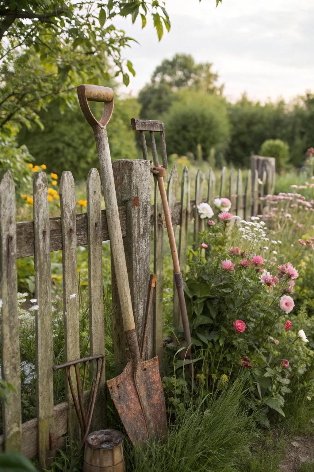 Weathered tools add a nostalgic touch to garden decor.