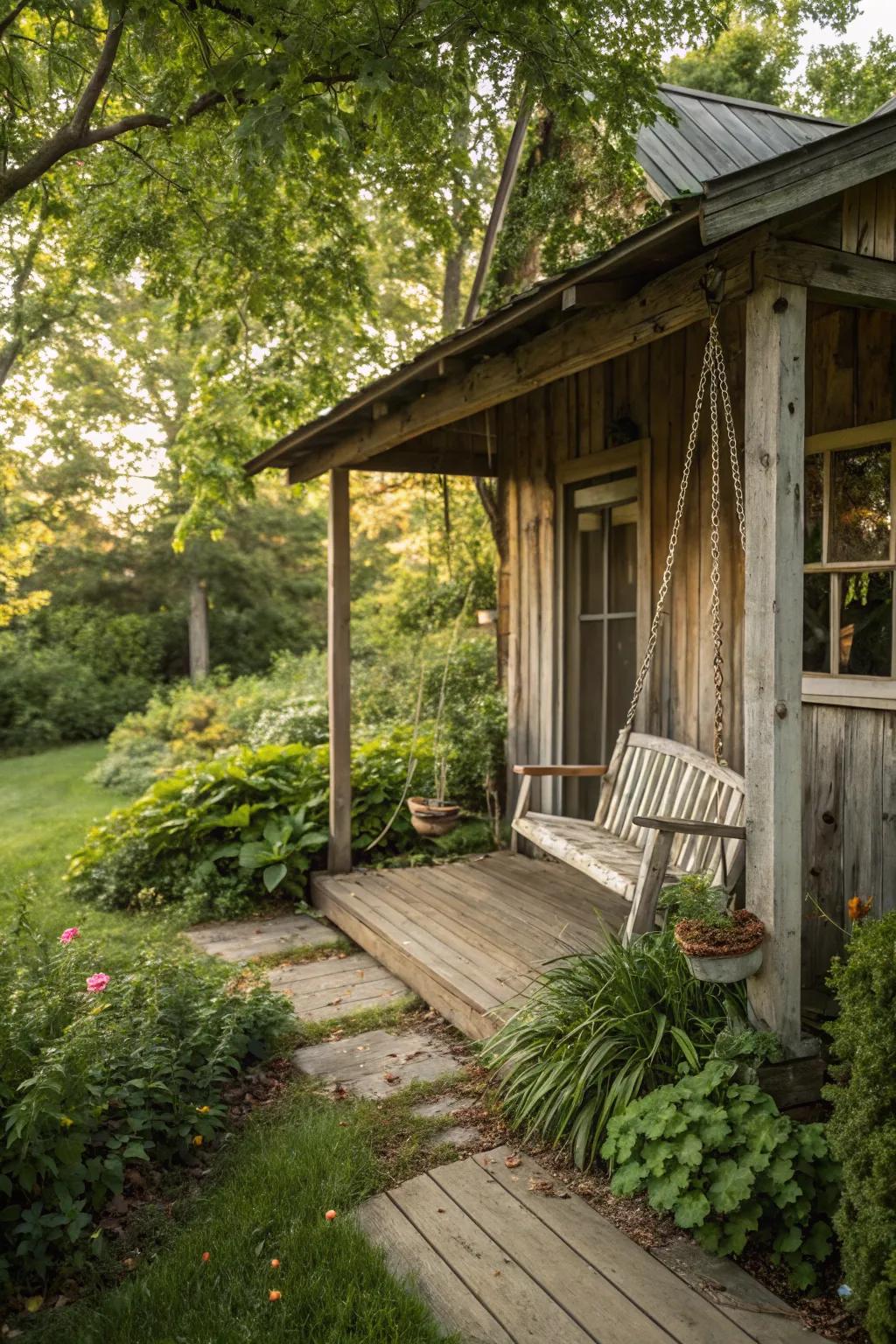 A porch swing invites relaxation at this rustic garden shed.