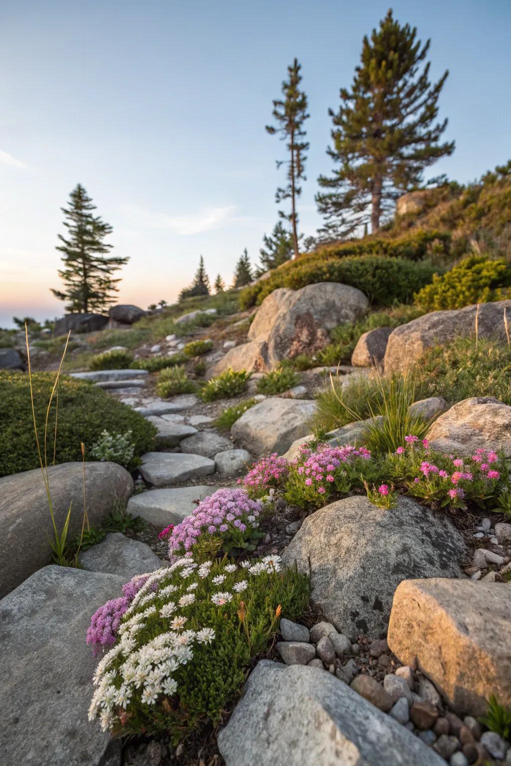 Rock gardens offer rugged beauty and low maintenance appeal.