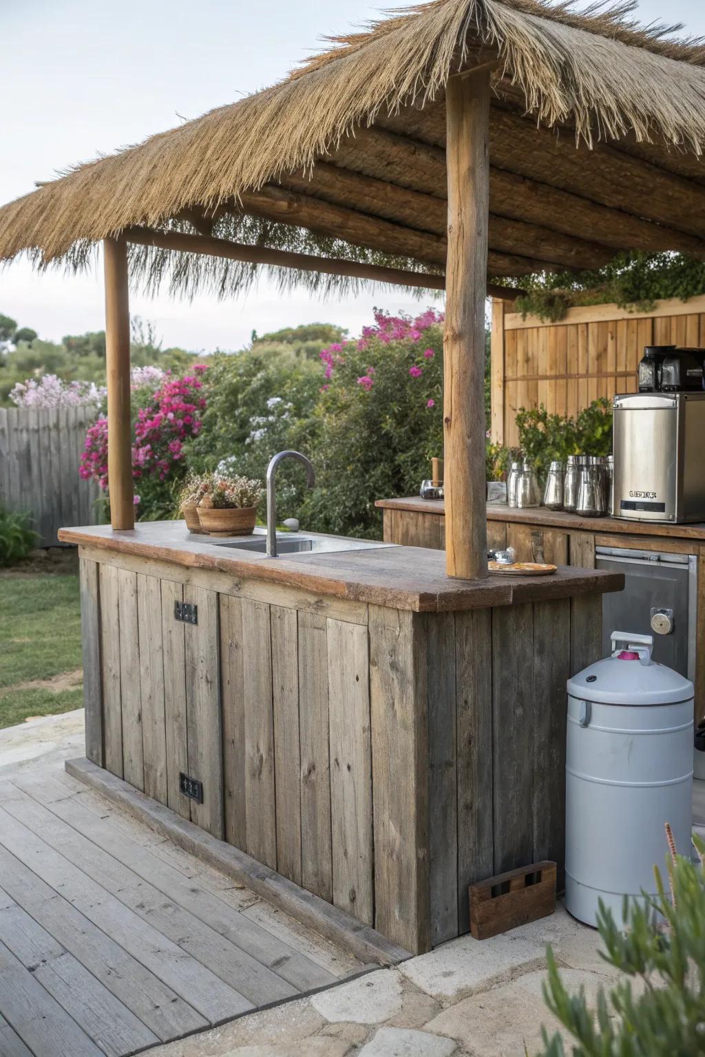 A rustic bar enhances the social aspect of the outdoor kitchen.